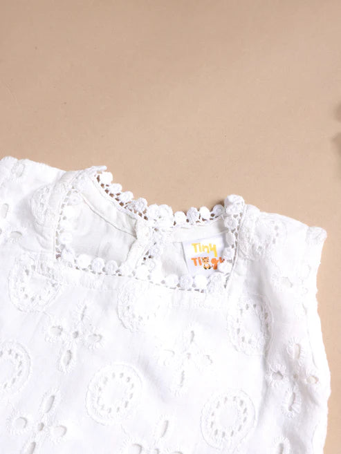 Tiny Tiggy Baby Girl Summer Eyelet Embroidery Set – Lightweight White Top & Shorts