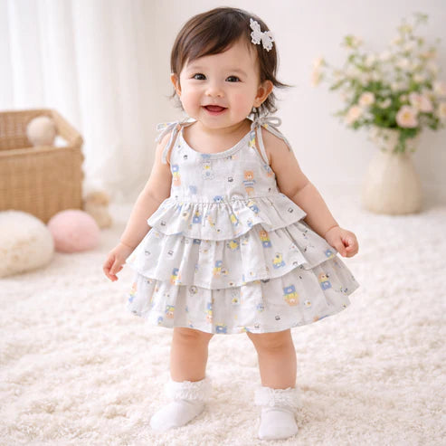Tiny Tiggy Baby Girl Cotton Printed Frock | Sleeveless Tiered Summer Dress