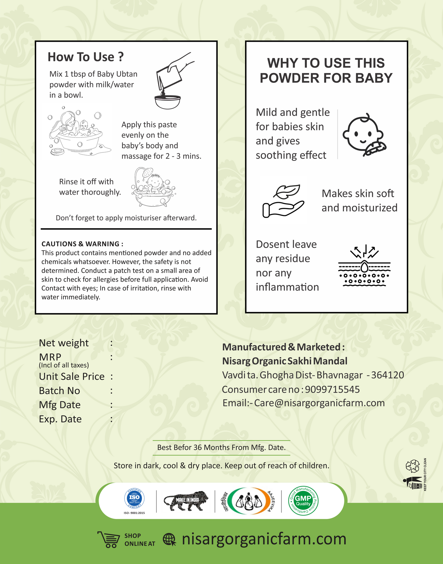 Nisarg Organic Farm Baby Bath Ubtan Powder