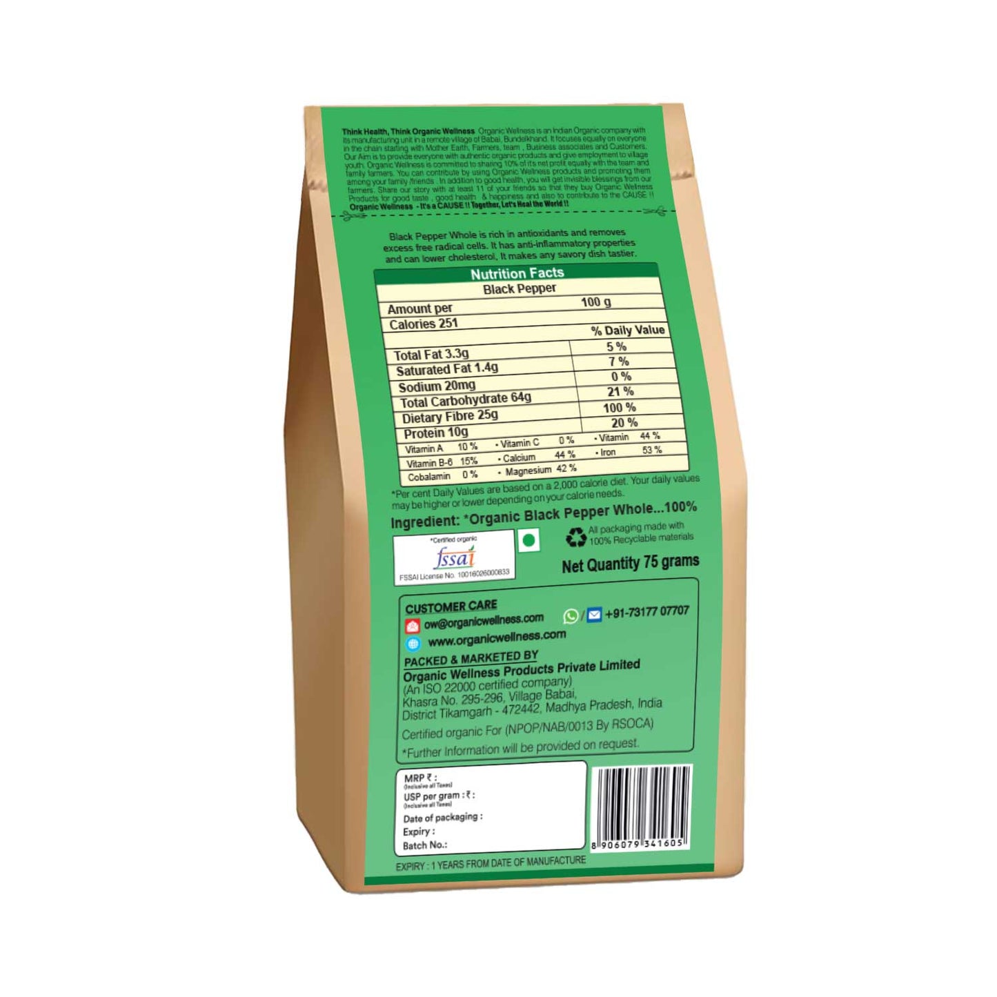 Organic Wellness Black Pepper Whole (75 GM)