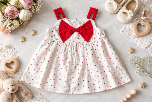 Tiny Tiggy Baby Girls Pure Cotton Heart Print Frock with Red Bow in front