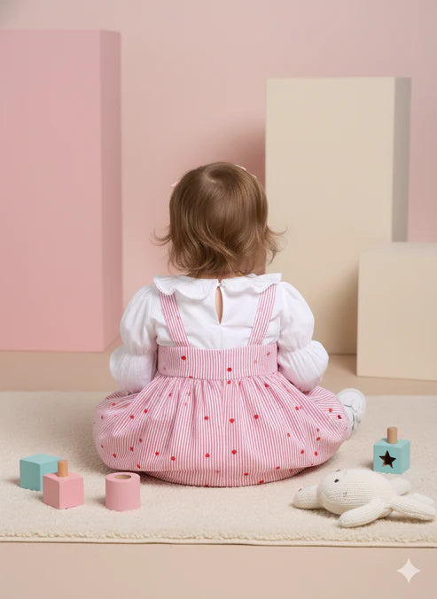 Tiny Tiggy Baby Girls Premium Pink Heart Striped Pinafore Frock Matching Shorts
