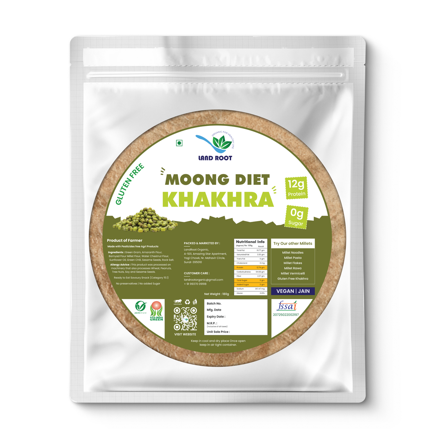 LandRoot Organic Gluten Free Moong Diet Khakhra (180 GM)