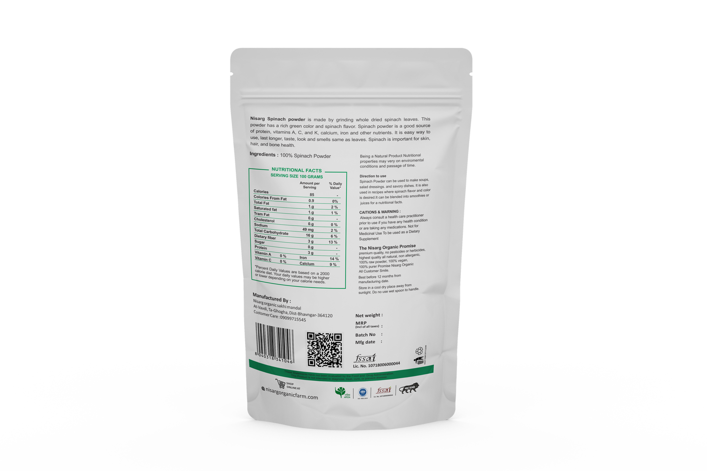 Nisarg Organic Farm Spinach Powder (100 GM)