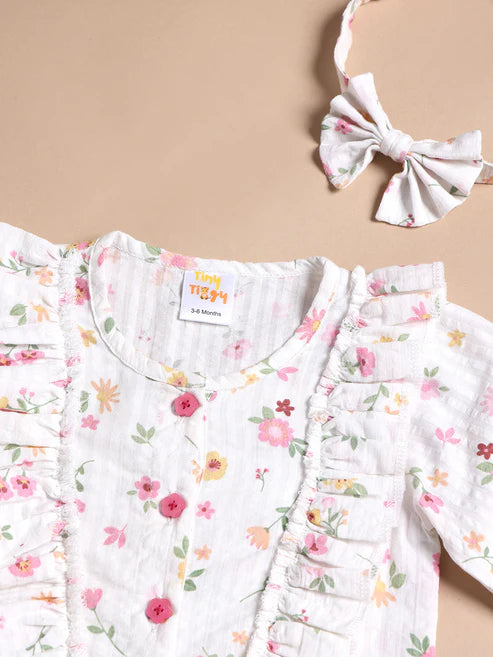 Tiny Tiggy Floral 100% Cotton Baby Girl Romper with Headband Set | Soft Cotton Long Sleeve Jumpsuit