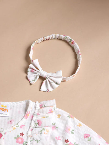 Tiny Tiggy Floral 100% Cotton Baby Girl Romper with Headband Set | Soft Cotton Long Sleeve Jumpsuit