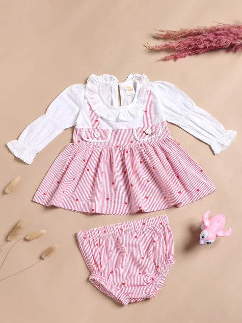 Tiny Tiggy Baby Girls Premium Pink Heart Striped Pinafore Frock Matching Shorts