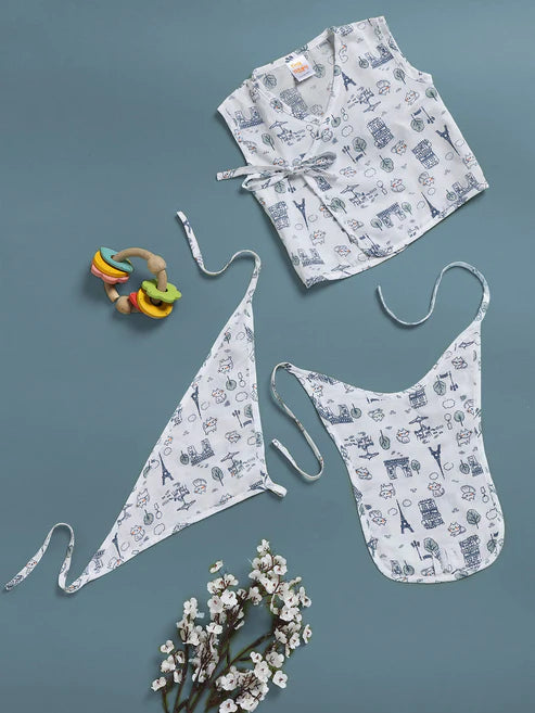 Tiny Tiggy Printed 100% Cambric Cotton Baby Jhabla with 2 Nappies Cute Prints for Newborn Boys & Girls