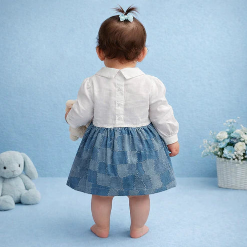 Tiny Tiggy Baby Girl Premium Cotton Denim Frock with attached White shirt