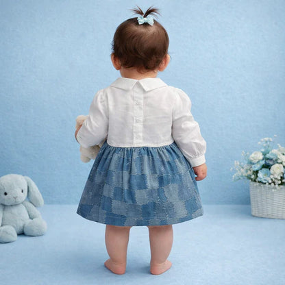 Tiny Tiggy Baby Girl Premium Cotton Denim Frock with attached White shirt