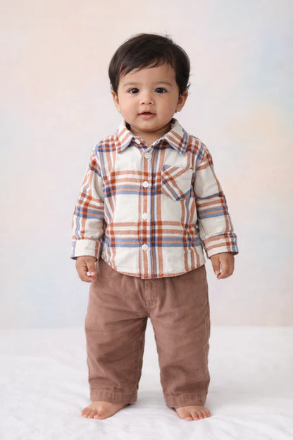 Tiny Tiggy Baby Boys Cotton Checked Full Sleeve Shirt & Corduroy Trouser Set