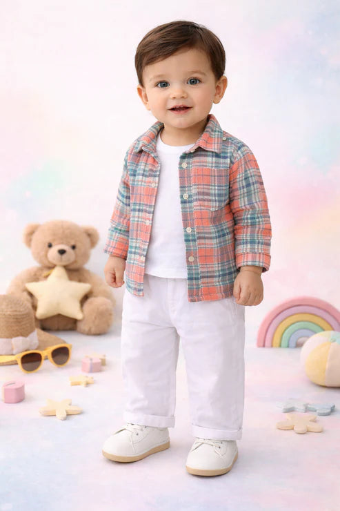 Tiny Tiggy 3-Piece Clothing Set – White Bamboo Cotton Tee | Cotton Shirt & Corduroy Pants
