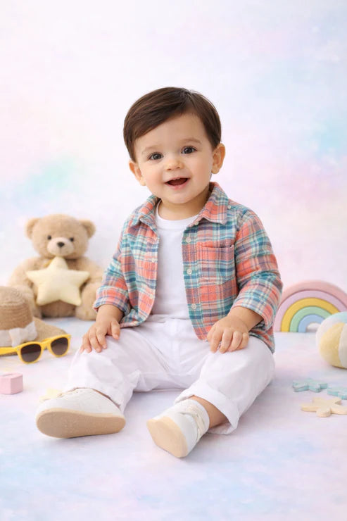 Tiny Tiggy 3-Piece Clothing Set – White Bamboo Cotton Tee | Cotton Shirt & Corduroy Pants