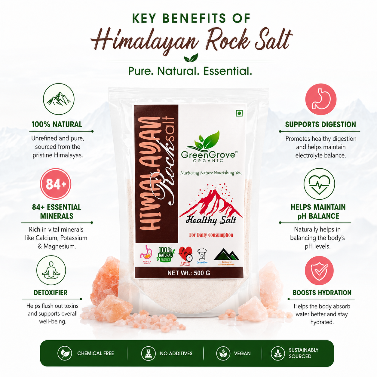 GreenGrove Organic Himalyan Rock Salt (500 GM) (PACK OF 4)