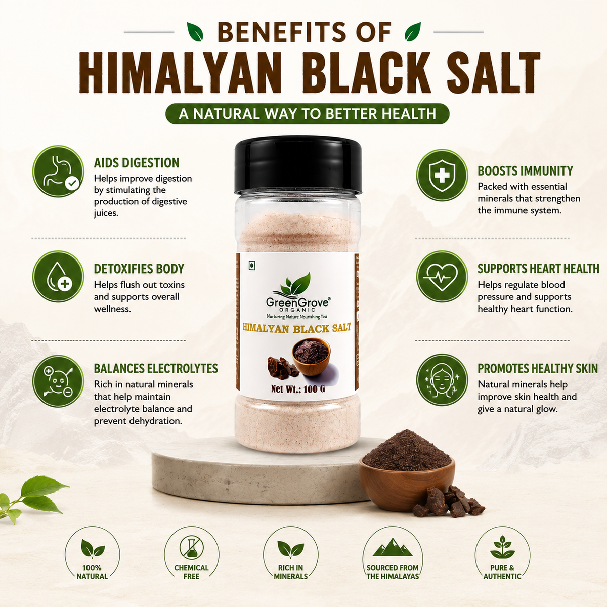 GreenGrove Himalyan Black Salt (100 GM) (PACK OF 3)