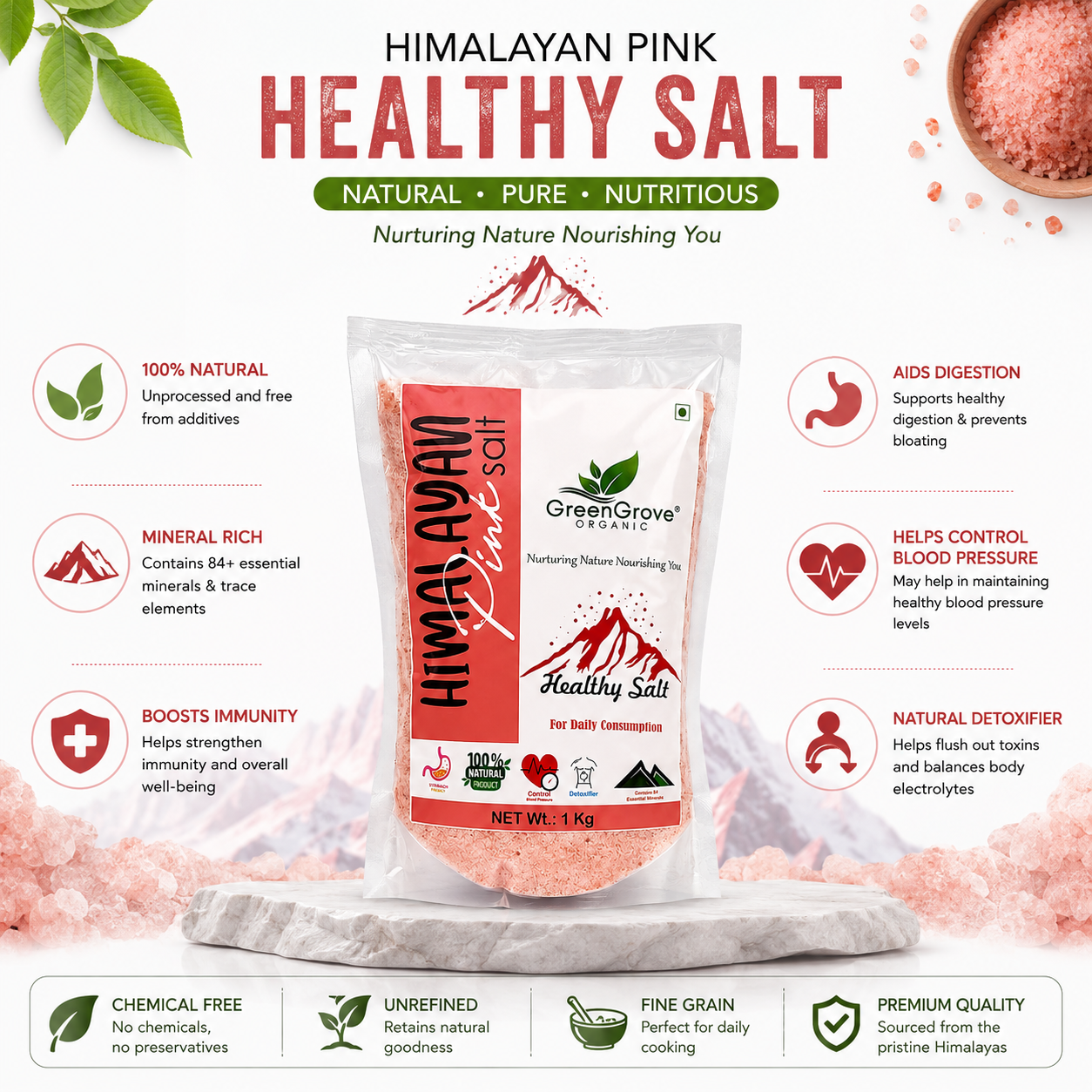 GreenGrove Himalyan pink salt (1  KG) (PACK OF 2)