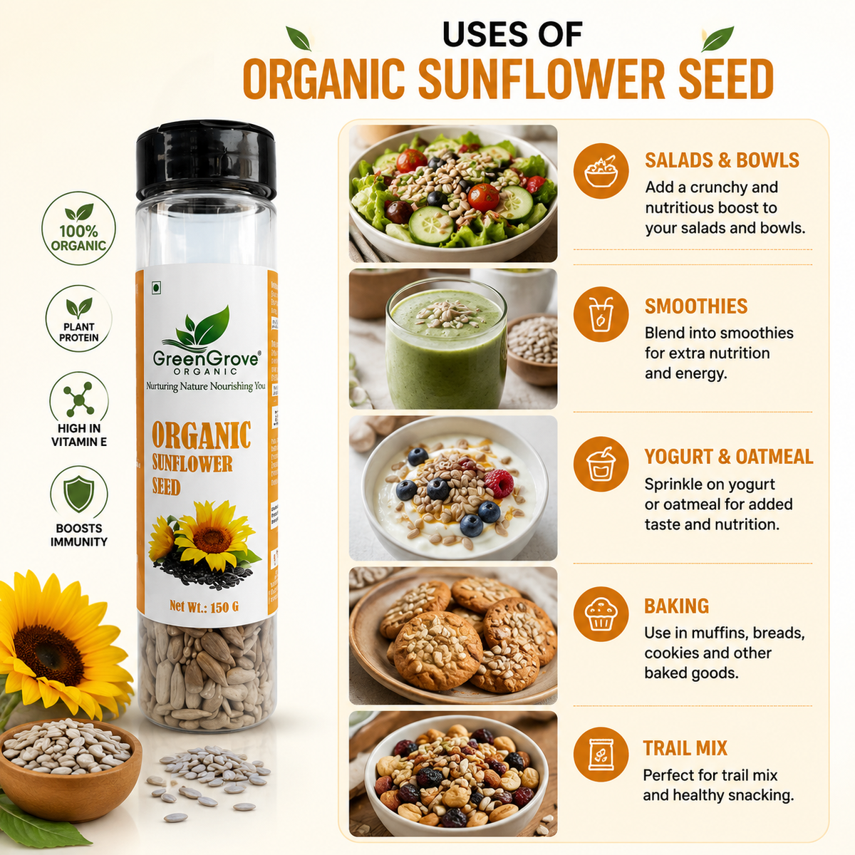 GreenGrove Organic Sunflower Seeds (150 GM) (PACK OF 2)