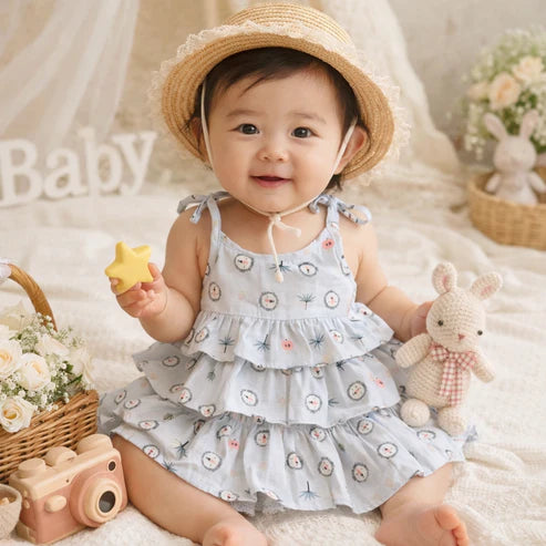 Tiny Tiggy Baby Girl Cotton Printed Frock | Sleeveless Tiered Summer Dress for Infants