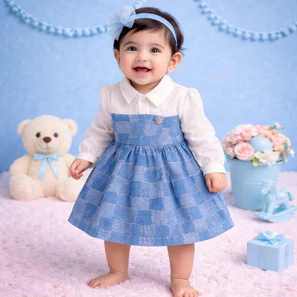 Tiny Tiggy Baby Girl Premium Cotton Denim Frock with attached White shirt