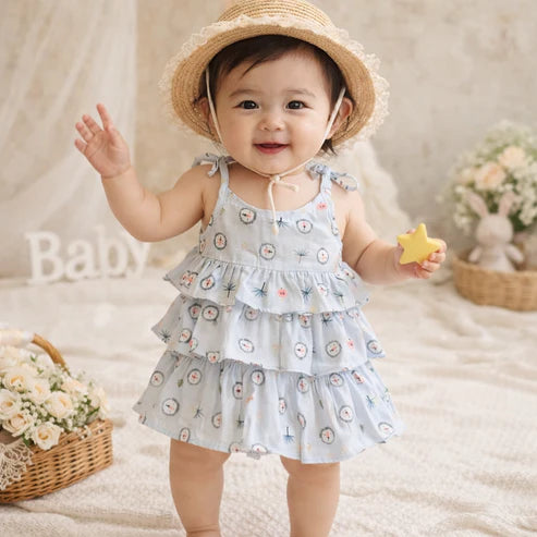 Tiny Tiggy Baby Girl Cotton Printed Frock | Sleeveless Tiered Summer Dress for Infants