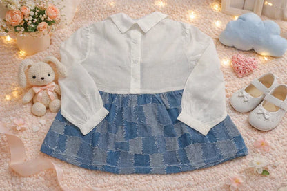 Tiny Tiggy Baby Girl Premium Cotton Denim Frock with attached White shirt