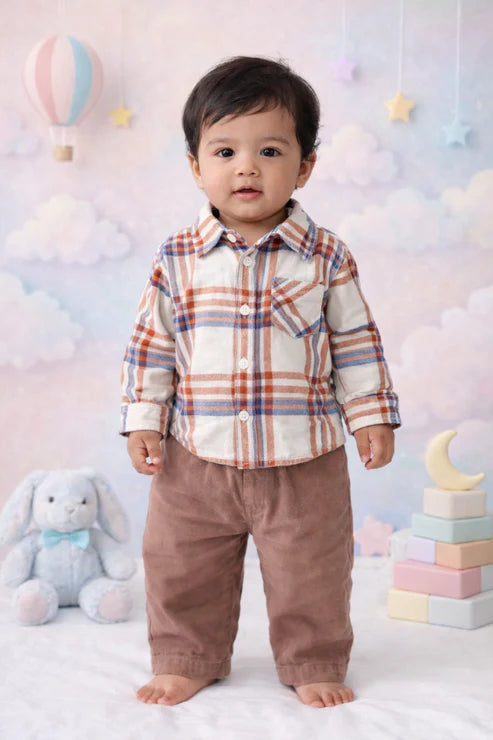 Tiny Tiggy Baby Boys Cotton Checked Full Sleeve Shirt & Corduroy Trouser Set