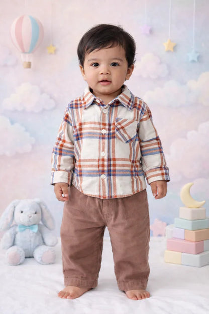 Tiny Tiggy Baby Boys Cotton Checked Full Sleeve Shirt & Corduroy Trouser Set