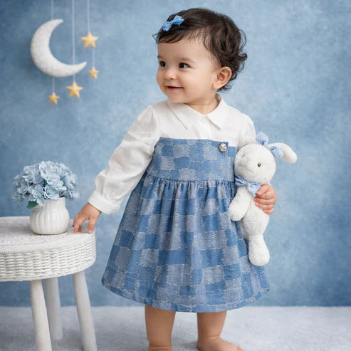 Tiny Tiggy Baby Girl Premium Cotton Denim Frock with attached White shirt