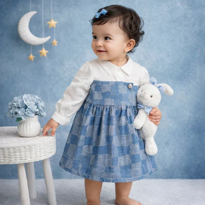 Tiny Tiggy Baby Girl Premium Cotton Denim Frock with attached White shirt