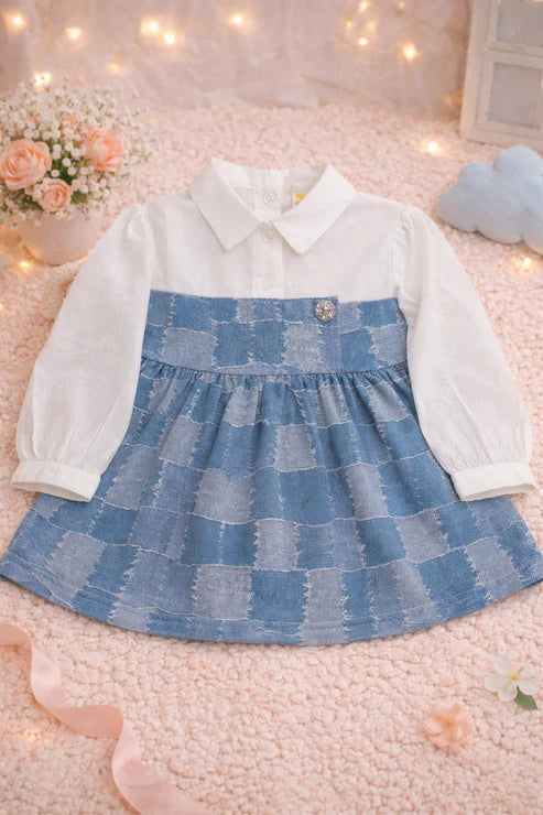 Tiny Tiggy Baby Girl Premium Cotton Denim Frock with attached White shirt