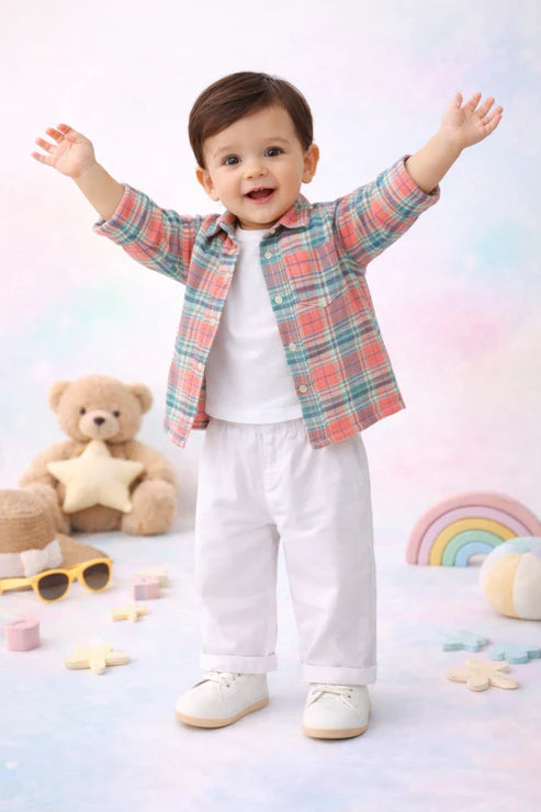 Tiny Tiggy 3-Piece Clothing Set – White Bamboo Cotton Tee | Cotton Shirt & Corduroy Pants