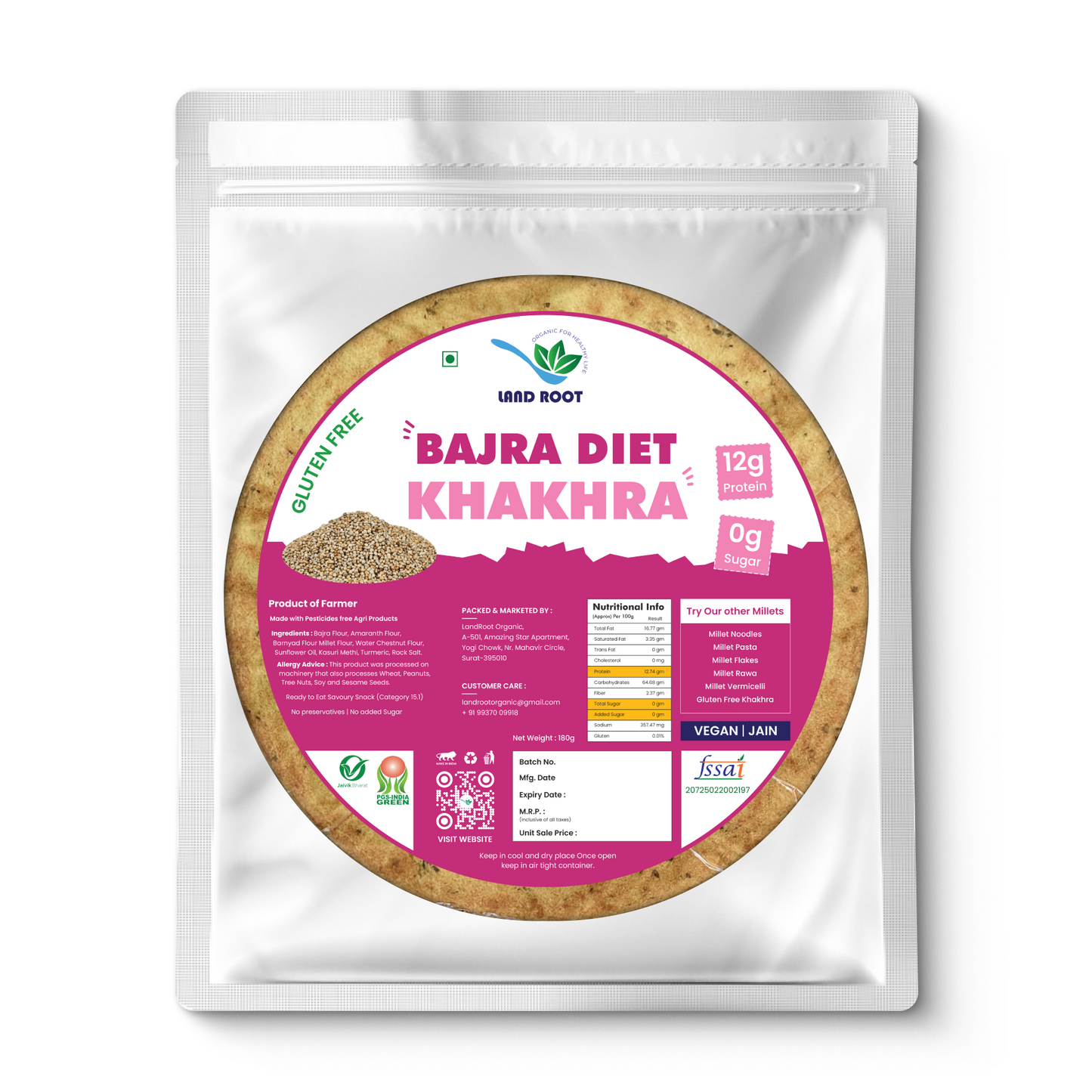 LandRoot Organic Gluten Free Bajra Methi Diet Khakhra (180 GM)