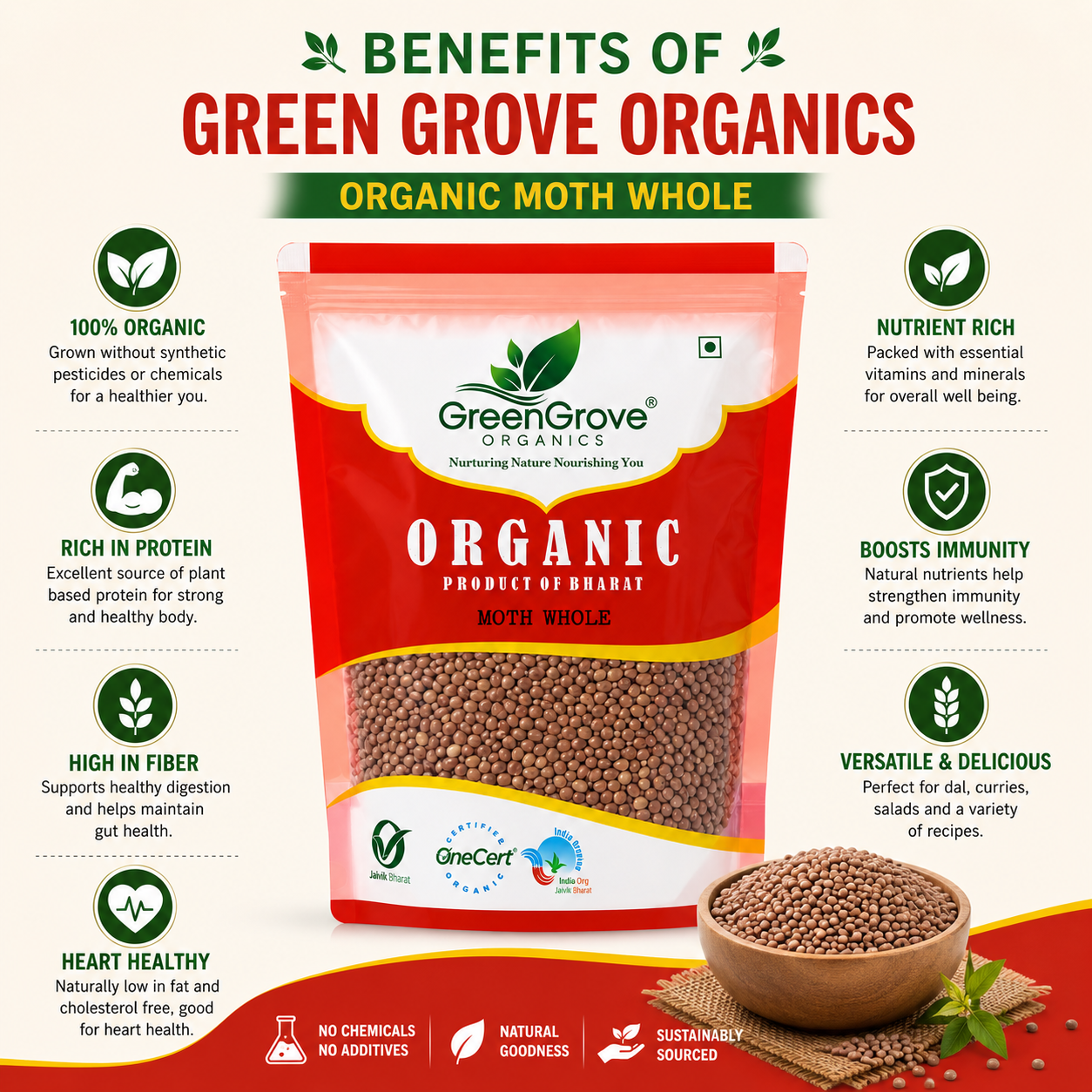 GreenGrove Organic Moth Whole (500 GM) (PACK OF 2)