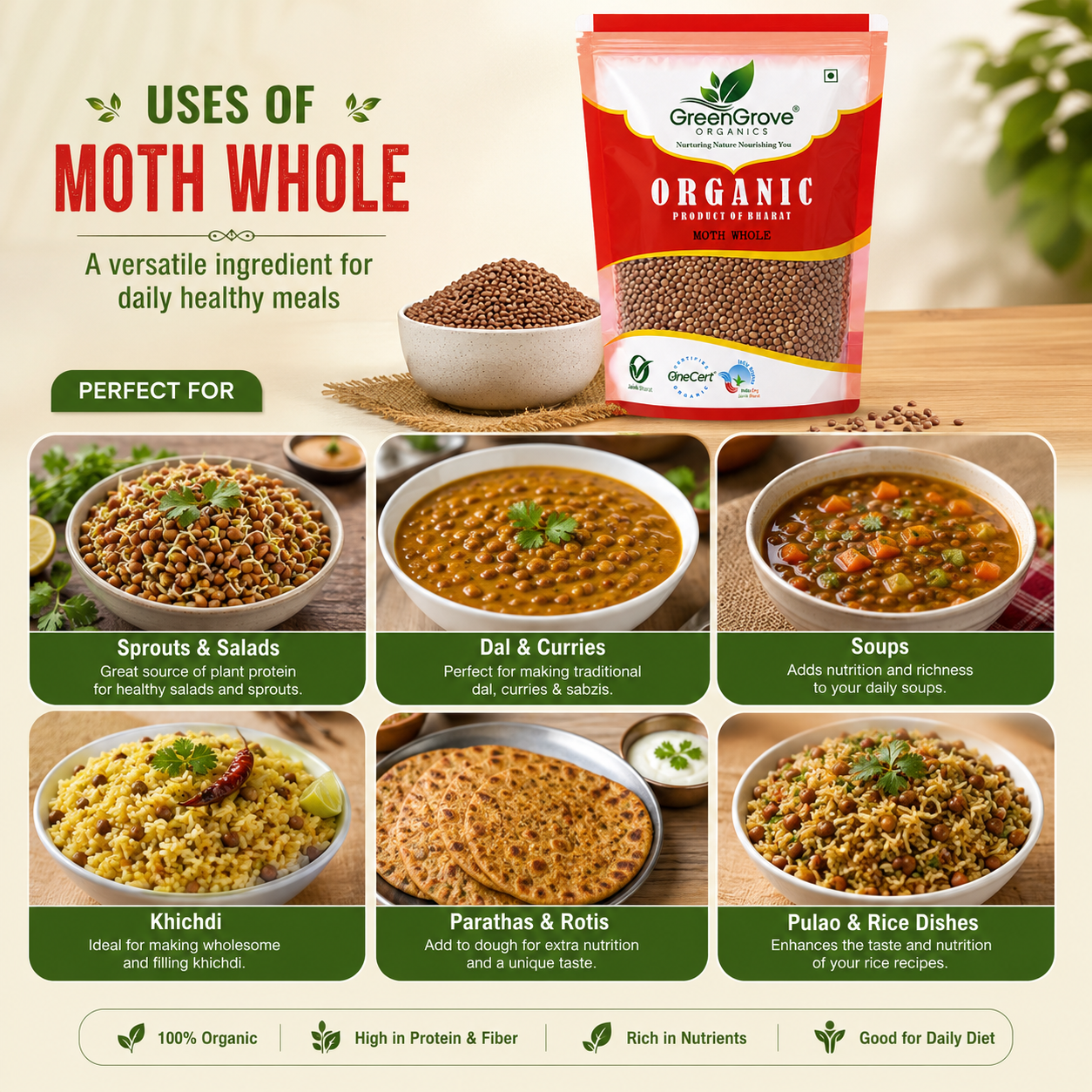 GreenGrove Organic Moth Whole (500 GM) (PACK OF 2)