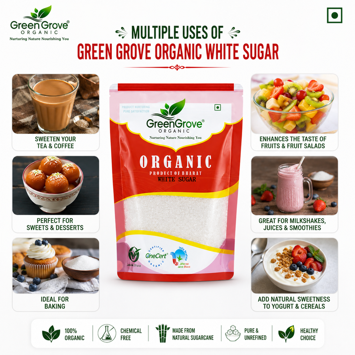 GreenGrove Organic White Sugar (1 KG) (PACK OF 2)