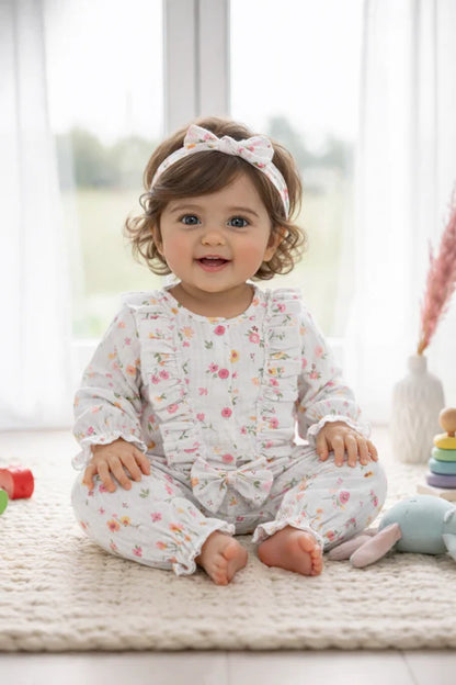 Tiny Tiggy Floral 100% Cotton Baby Girl Romper with Headband Set | Soft Cotton Long Sleeve Jumpsuit