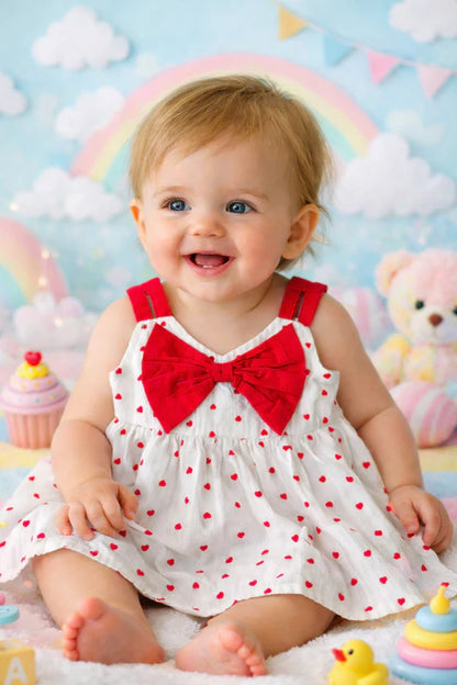 Tiny Tiggy Baby Girls Pure Cotton Heart Print Frock with Red Bow in front