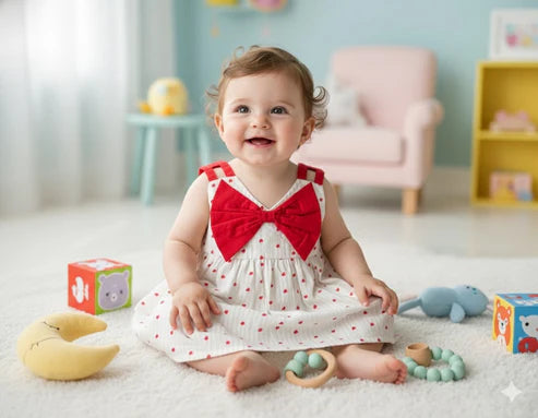 Tiny Tiggy Baby Girls Pure Cotton Heart Print Frock with Red Bow in front