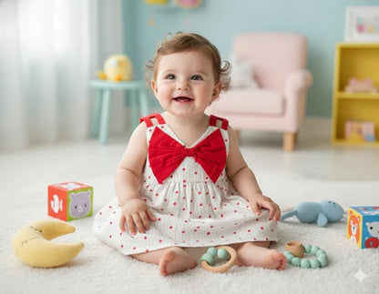 Tiny Tiggy Baby Girls Pure Cotton Heart Print Frock with Red Bow in front