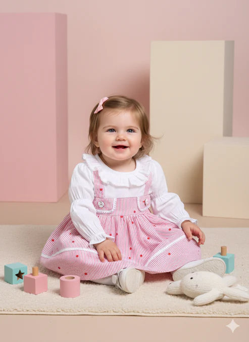 Tiny Tiggy Baby Girls Premium Pink Heart Striped Pinafore Frock Matching Shorts