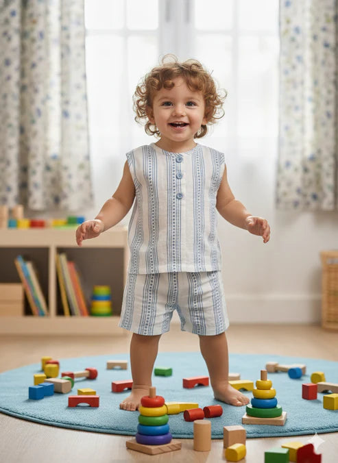 Tiny Tiggy 100% Cotton Baby Boy Outfit Set – Adorable Striped Sleeveless Shirt & Shorts