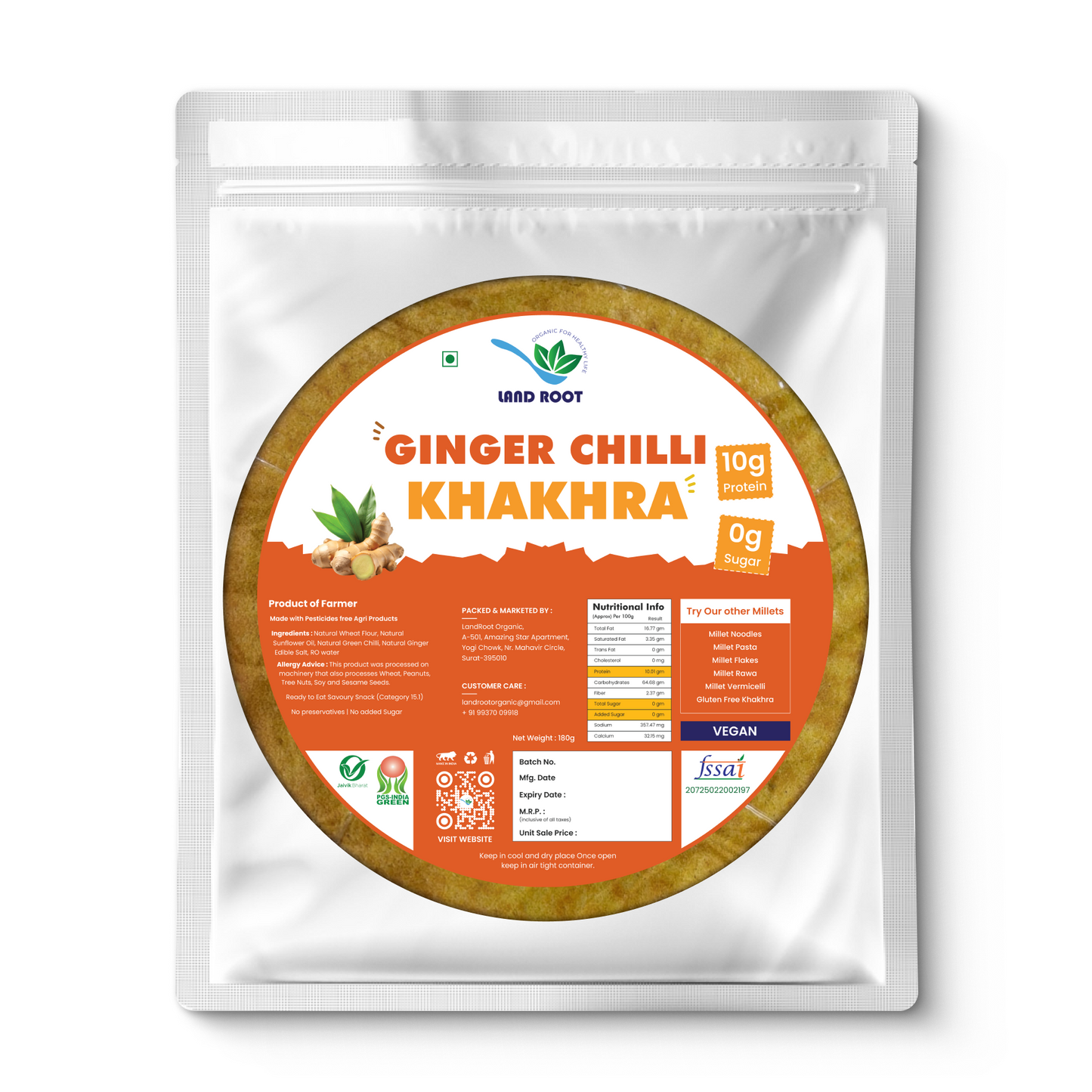 LandRoot Organic Ginger Chilli Diet Khakhra (180 GM)
