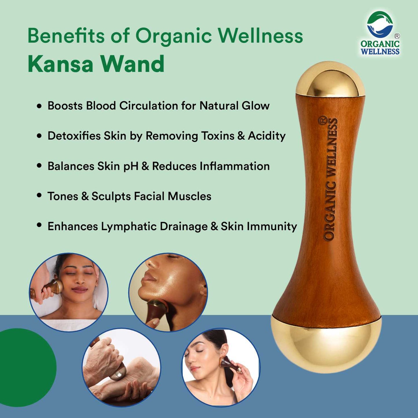 Organic Wellness Face Massager Acupoint Kansa Wand Massager With Wooden Handle