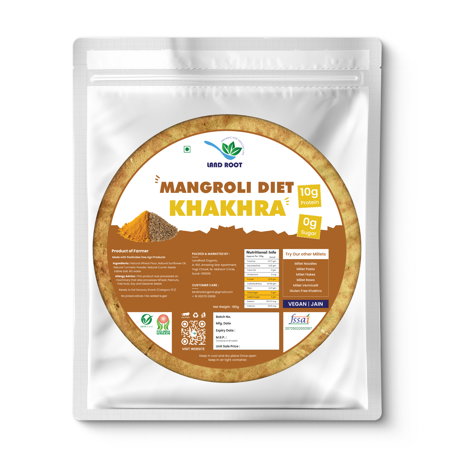LandRoot Organic Mangroli Diet Khakhra (180 GM)