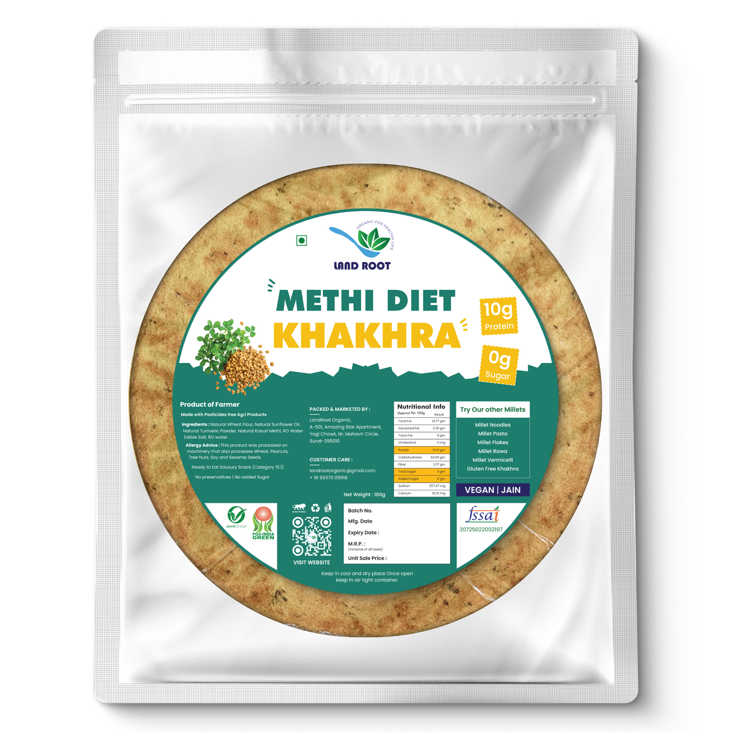 LandRoot Organic Methi Diet Khakhra (180 GM)
