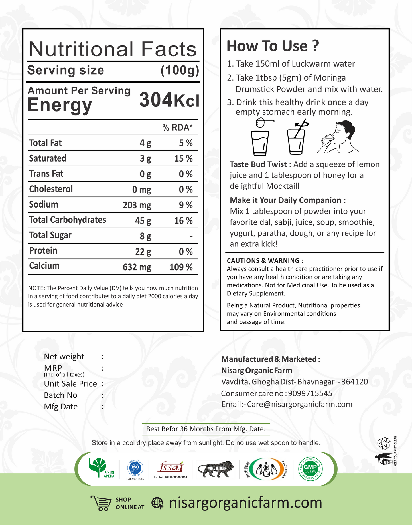 Nisarg Organic Farm Moringa Drumstick Powder