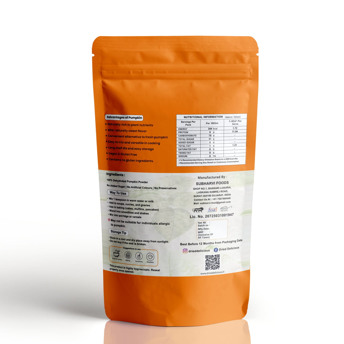 Dried Delicious Pumpkin Powder (250 GM) | 100% Natural | No Sugar Added | Gluten Free | Not Frozen
