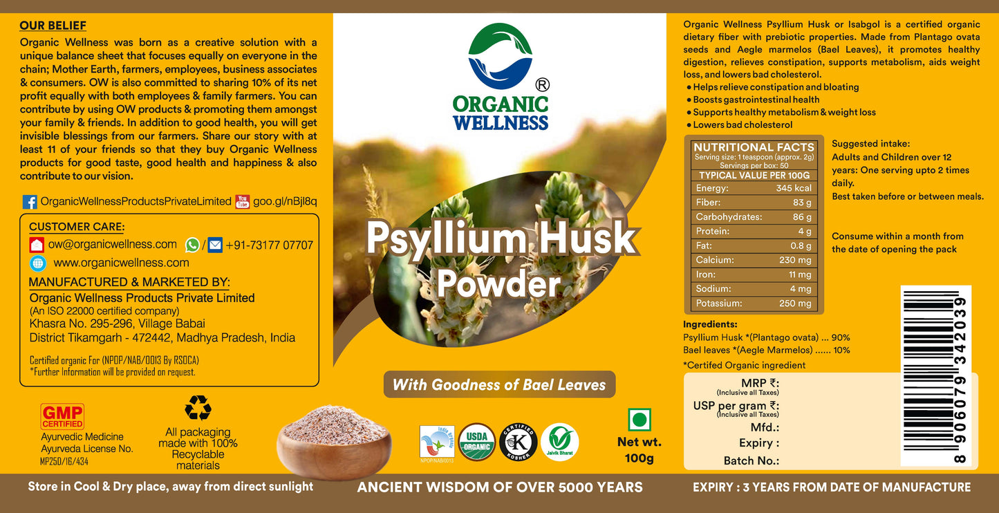 Organic Wellness Psyllium Husk Isabgol Powder (100 GM)