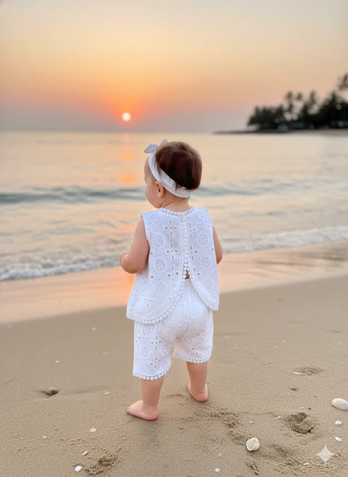 Tiny Tiggy Baby Girl Summer Eyelet Embroidery Set – Lightweight White Top & Shorts