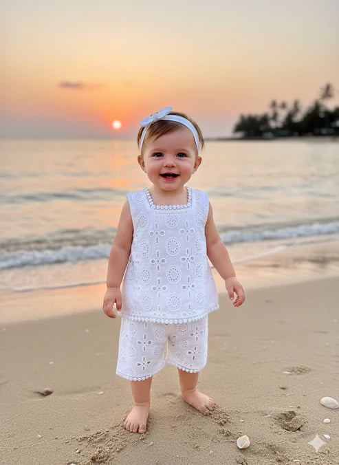 Tiny Tiggy Baby Girl Summer Eyelet Embroidery Set – Lightweight White Top & Shorts